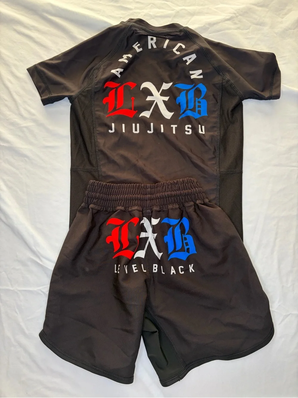 LXB Level Black Black Jiu Jitsu 2 PC Rashguard Shirt Shorts Red & Blue Logo YM